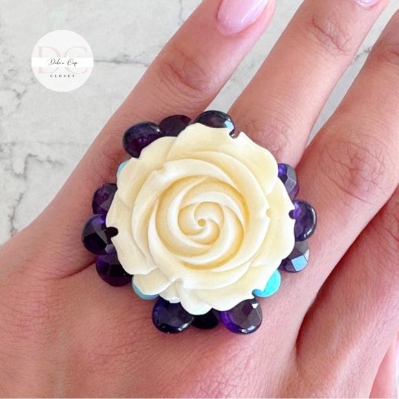 Sterling Silver 925 Resin Ring With Amethyst And Turquoise Real Quartz - Picture 1 of 7
